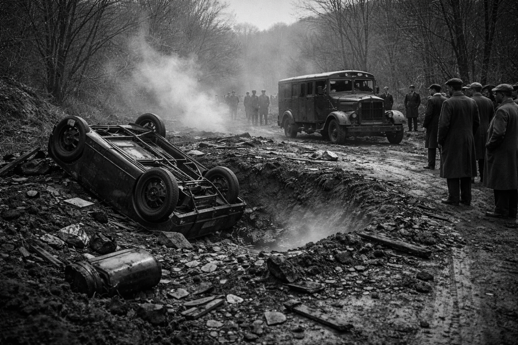 Vintage black and white scene of a cratered muddy road after a 1927 explosion in Western Pennsylvania, with an overturned escort car, a damaged armored truck, and men in coats and caps watching from a distance.