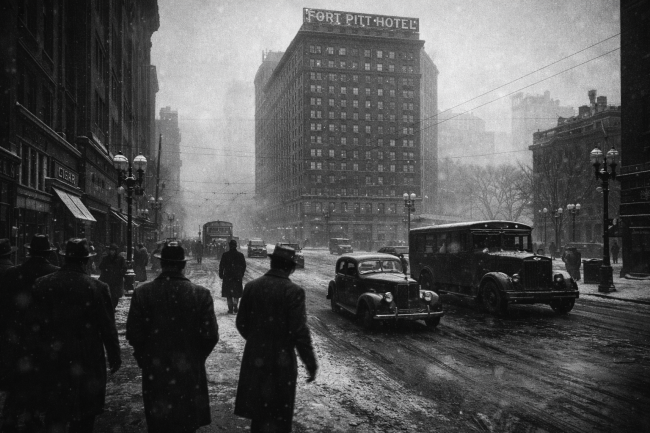 1948-draft-pittsburgh Black and white winter street scene in downtown Pittsburgh in the late 1940s with the Fort Pitt Hotel towering above Penn Avenue, vintage cars and pedestrians in coats and fedoras, and light snow in the air.