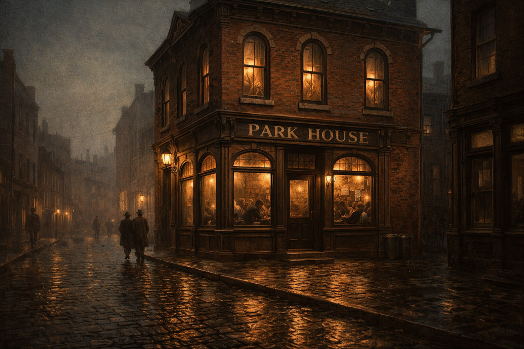 Moody dusk illustration of a two story Victorian brick tavern in early 1900s Pittsburgh with Park House signage, warm amber window light, and wet cobblestone street reflections.