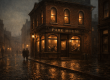 Moody dusk illustration of a two story Victorian brick tavern in early 1900s Pittsburgh with Park House signage, warm amber window light, and wet cobblestone street reflections.