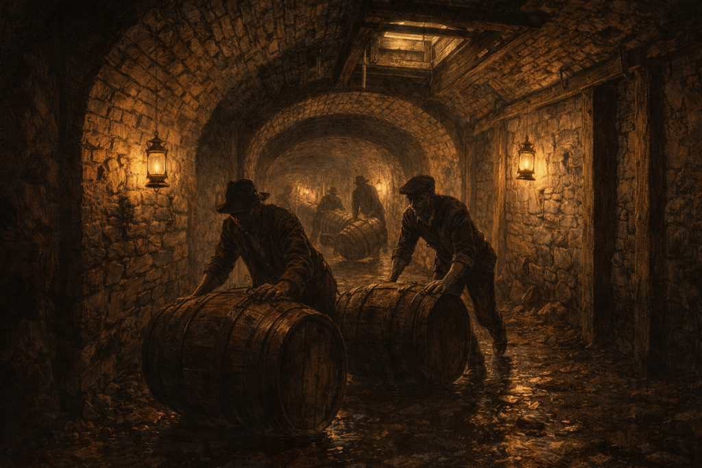Gritty 1920s illustration of an underground brick arched tunnel beneath the Strip District, lit by lanterns as shadowy figures roll whiskey barrels past damp stone walls and a ceiling trapdoor.