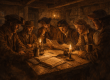 Painterly illustration of 1790s frontier Pennsylvania farmers in a candlelit tavern, studying documents and ledgers at a rough wooden table in a tense, conspiratorial mood.