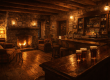 Warm, dimly lit Scottish pub interior in an 18th century stone building with hand hewn beams, wide plank floors, a glowing stone fireplace, tartan seats, dark wood bar, and pints of ale.
