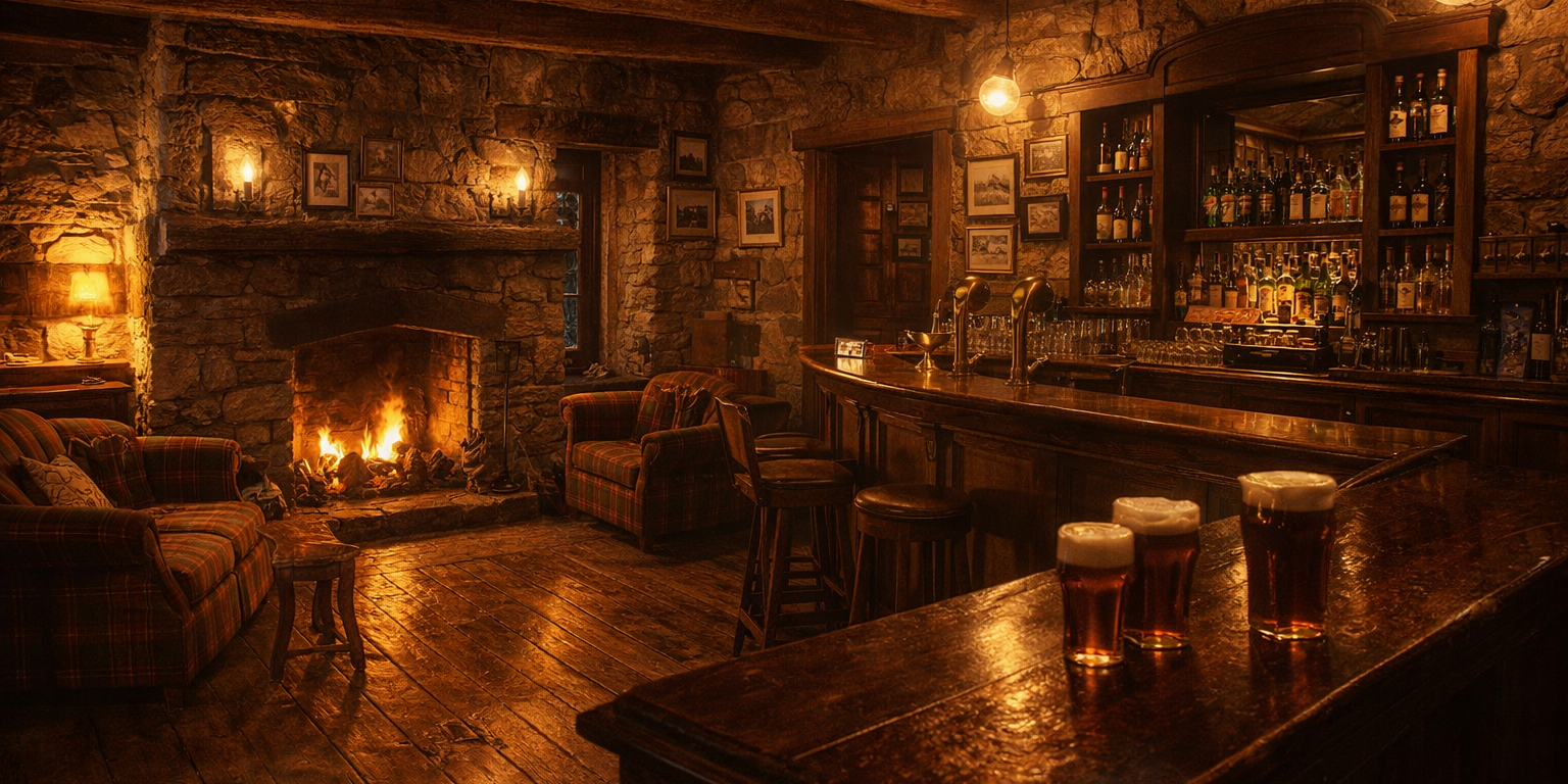 woods-house Warm, dimly lit Scottish pub interior in an 18th century stone building with hand hewn beams, wide plank floors, a glowing stone fireplace, tartan seats, dark wood bar, and pints of ale.