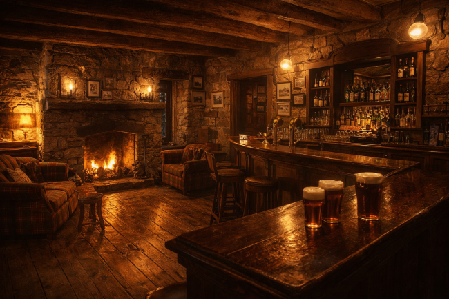 woods-house Warm, dimly lit Scottish pub interior in an 18th century stone building with hand hewn beams, wide plank floors, a glowing stone fireplace, tartan seats, dark wood bar, and pints of ale.