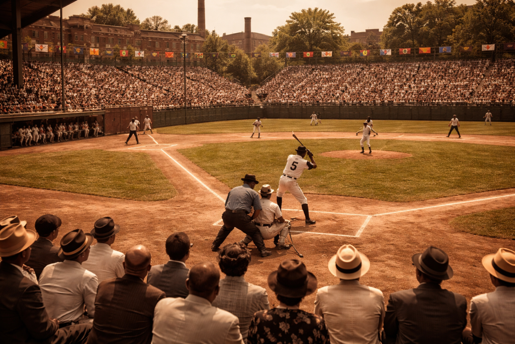 A packed 1930s Negro League baseball game at Greenlee Field in Pittsburgh's Hill District, fans filling the stands to watch the Pittsburgh Crawfords, capturing the peak era of Black baseball in Pittsburgh.