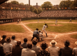 A packed 1930s Negro League baseball game at Greenlee Field in Pittsburgh's Hill District, fans filling the stands to watch the Pittsburgh Crawfords, capturing the peak era of Black baseball in Pittsburgh.