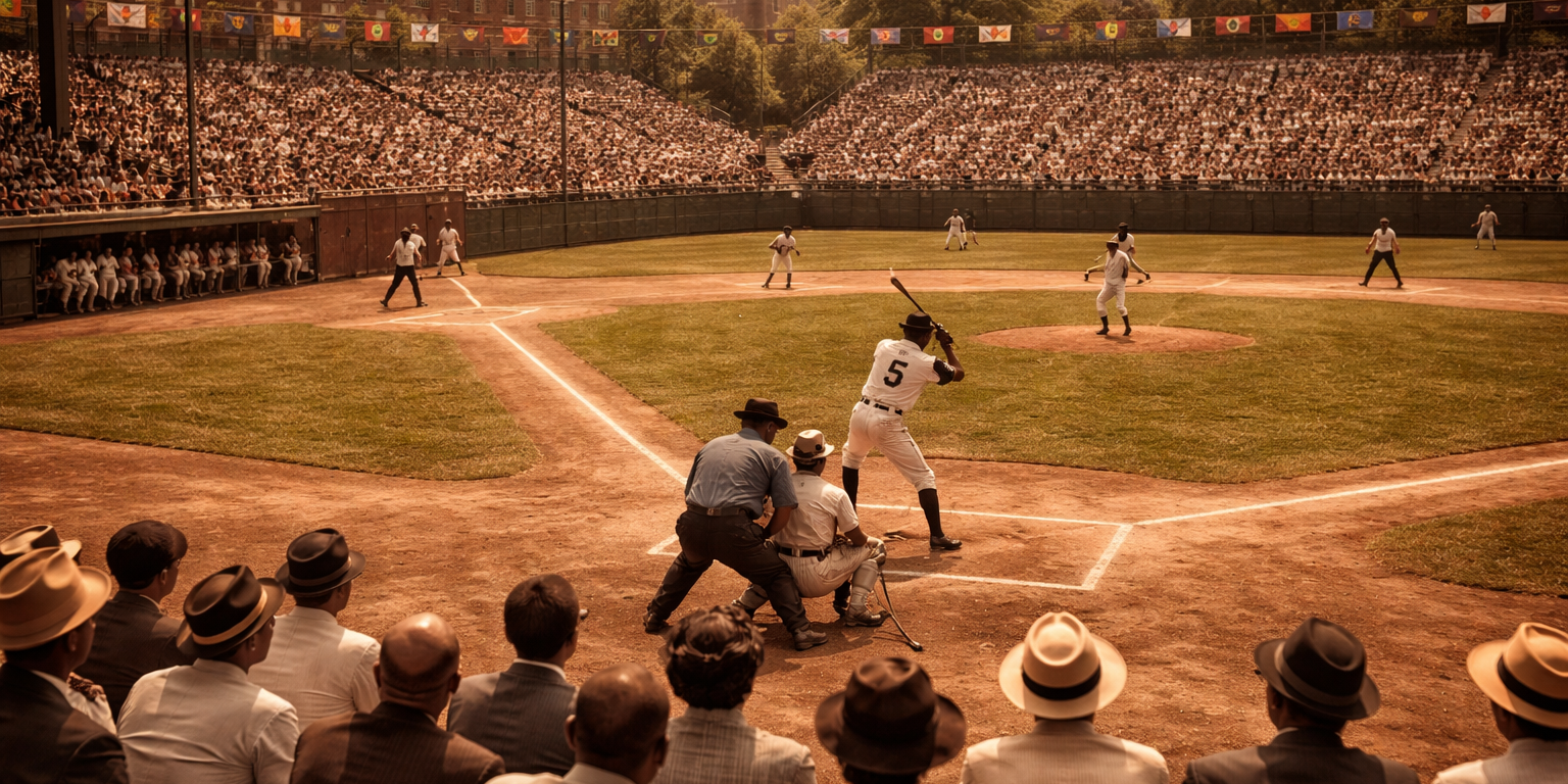 A packed 1930s Negro League baseball game at Greenlee Field in Pittsburgh's Hill District, fans filling the stands to watch the Pittsburgh Crawfords, capturing the peak era of Black baseball in Pittsburgh.