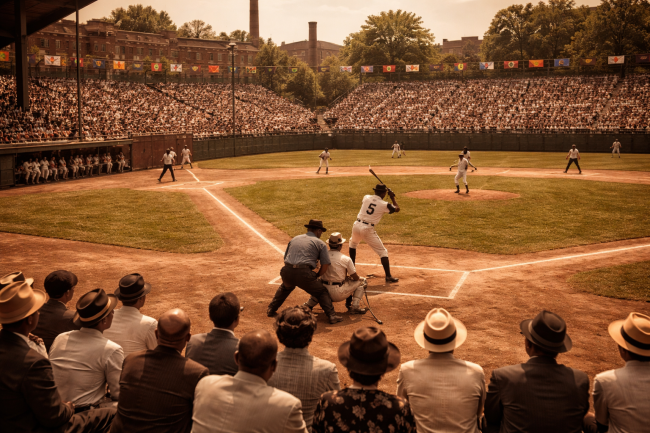 baseball A packed 1930s Negro League baseball game at Greenlee Field in Pittsburgh's Hill District, fans filling the stands to watch the Pittsburgh Crawfords, capturing the peak era of Black baseball in Pittsburgh.