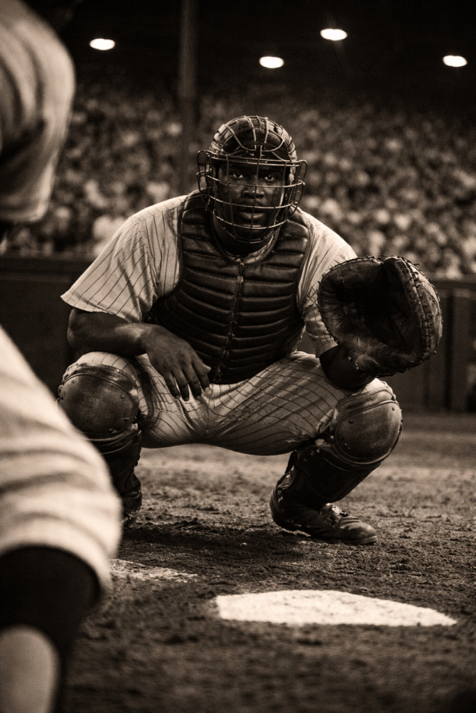 Baseball catcher in 1940s uniform crouches behind home plate at a packed Pittsburgh stadium, capturing the era when Josh Gibson was considered the greatest hitter in baseball.