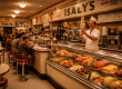 The interior of a 1950s Isaly's dairy store in Pittsburgh, showing a gleaming deli counter, ice cream cases, and a lunch counter with red vinyl stools, capturing the neighborhood institution that defined Pittsburgh food culture for generations.
