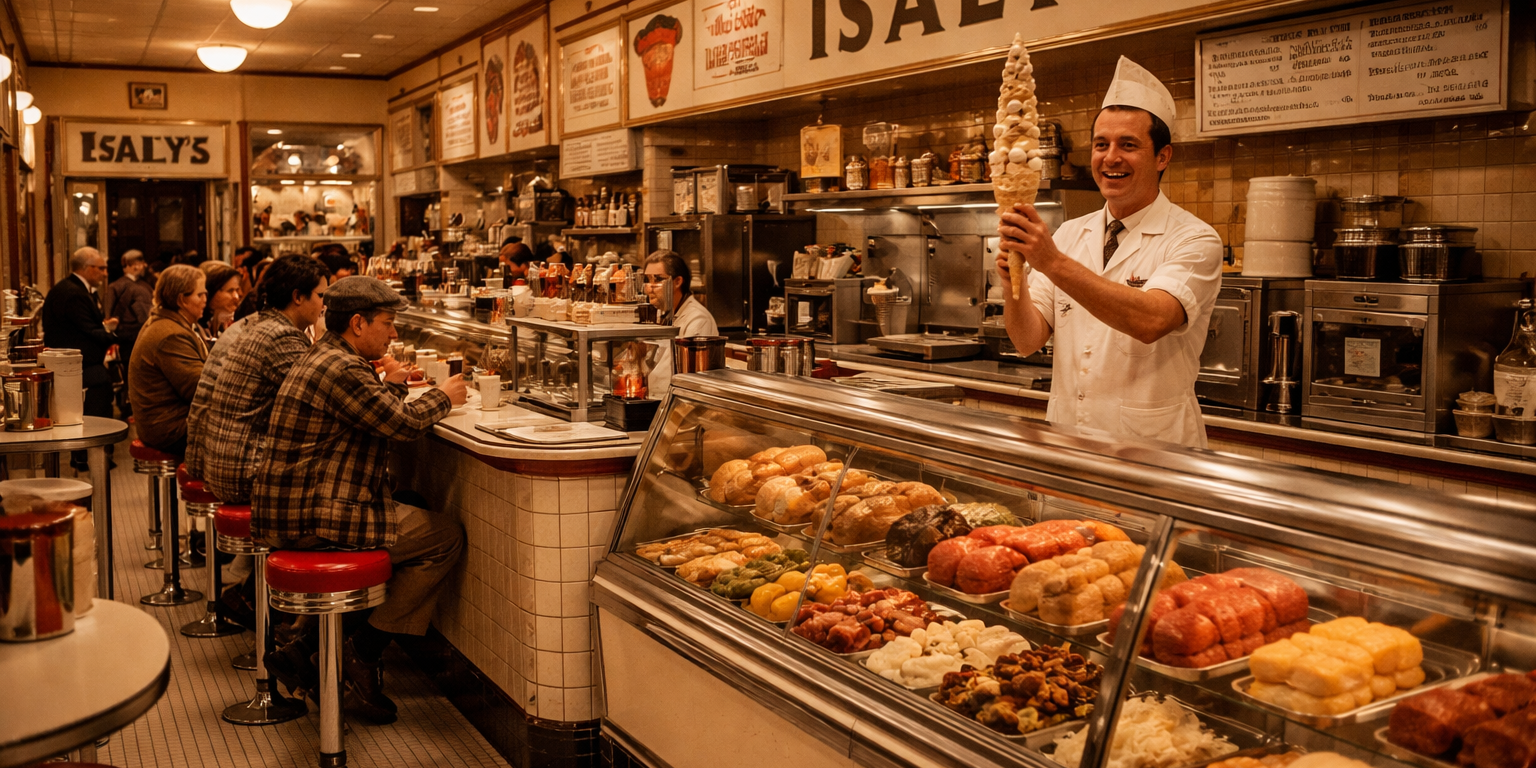 The interior of a 1950s Isaly's dairy store in Pittsburgh, showing a gleaming deli counter, ice cream cases, and a lunch counter with red vinyl stools, capturing the neighborhood institution that defined Pittsburgh food culture for generations.