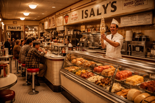 The interior of a 1950s Isaly's dairy store in Pittsburgh, showing a gleaming deli counter, ice cream cases, and a lunch counter with red vinyl stools, capturing the neighborhood institution that defined Pittsburgh food culture for generations.