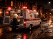A 1960s era ambulance on a Hill District Pittsburgh street at night, emergency lights reflecting off wet pavement, crew preparing equipment at the rear doors, capturing the pioneering work of Freedom House Ambulance.