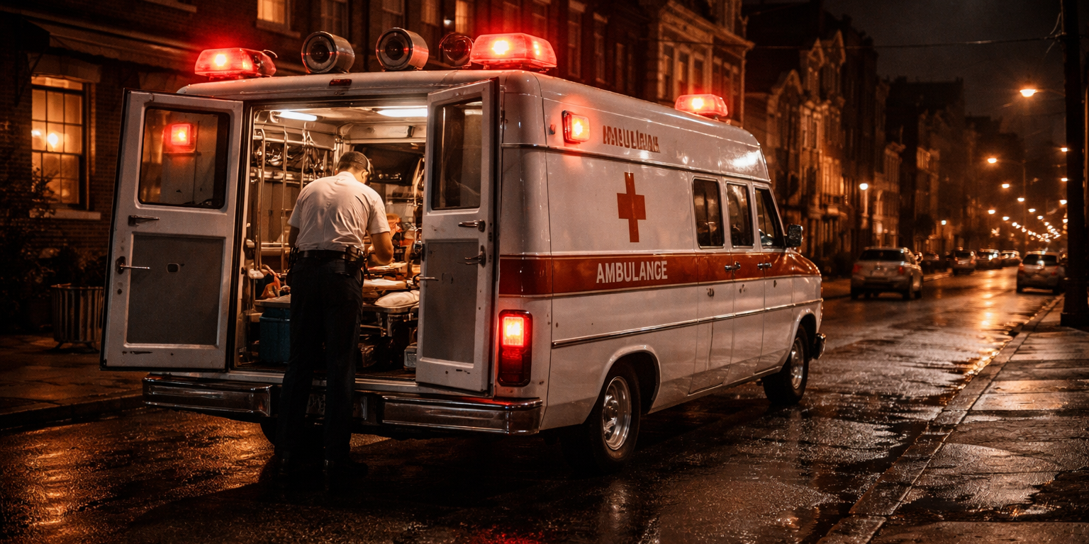 freedom-house-ambulance A 1960s era ambulance on a Hill District Pittsburgh street at night, emergency lights reflecting off wet pavement, crew preparing equipment at the rear doors, capturing the pioneering work of Freedom House Ambulance.