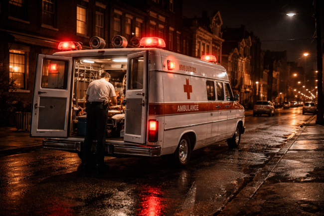freedom-house-ambulance A 1960s era ambulance on a Hill District Pittsburgh street at night, emergency lights reflecting off wet pavement, crew preparing equipment at the rear doors, capturing the pioneering work of Freedom House Ambulance.
