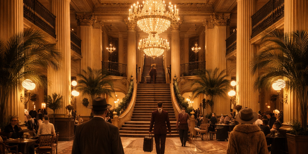 The grand ornate lobby of the William Penn Hotel in Pittsburgh, featuring high ceilings, crystal chandeliers, and marble floors, reflecting over a century of Pittsburgh history and civic life.