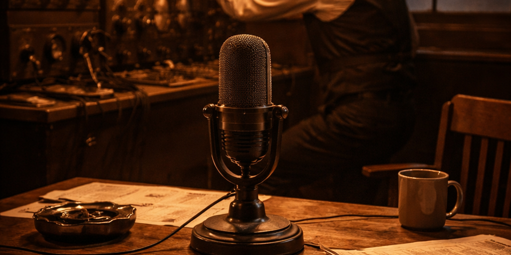 kdka-radio-history A recreated 1920s radio broadcasting studio with an early microphone, transmitter equipment, and period-era operator, evoking the first commercial broadcast made by KDKA Pittsburgh on November 2, 1920.