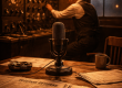 A recreated 1920s radio broadcasting studio with an early microphone, transmitter equipment, and period-era operator, evoking the first commercial broadcast made by KDKA Pittsburgh on November 2, 1920.