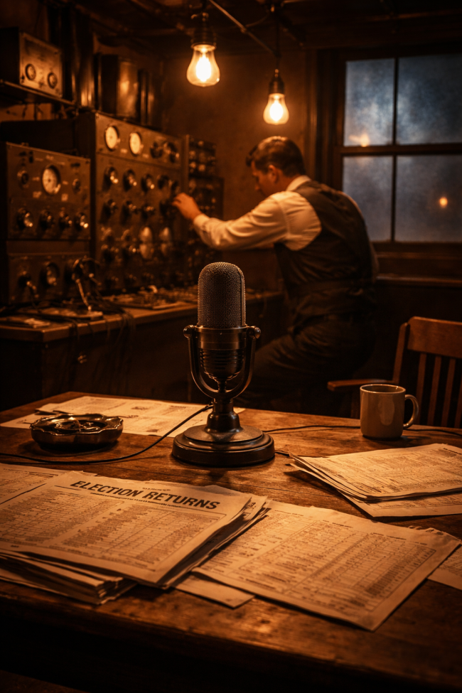 kdka-radio-history A recreated 1920s radio broadcasting studio with an early microphone, transmitter equipment, and period-era operator, evoking the first commercial broadcast made by KDKA Pittsburgh on November 2, 1920.