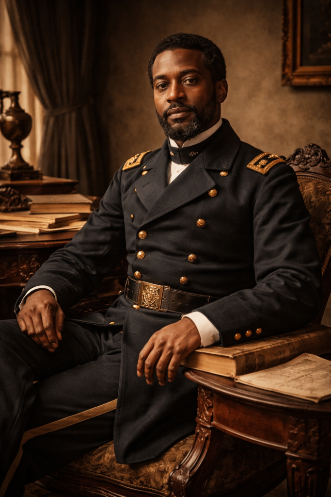 A recreated portrait of Martin Delany in Union Army Major's uniform, seated at a desk with books and papers, conveying the intellectual authority and historic significance of Pittsburgh's first Black field officer and founding Black nationalist thinker.