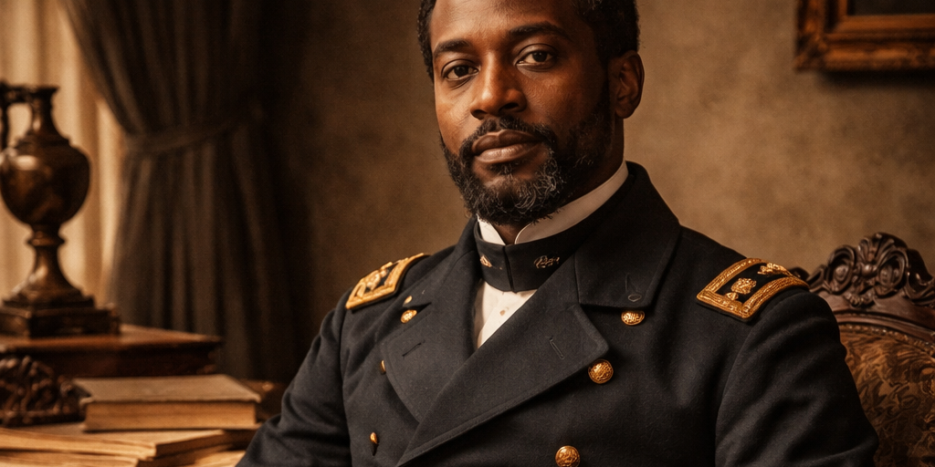 A recreated portrait of Martin Delany in Union Army Major's uniform, seated at a desk with books and papers, conveying the intellectual authority and historic significance of Pittsburgh's first Black field officer and founding Black nationalist thinker.