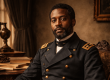 A recreated portrait of Martin Delany in Union Army Major's uniform, seated at a desk with books and papers, conveying the intellectual authority and historic significance of Pittsburgh's first Black field officer and founding Black nationalist thinker.