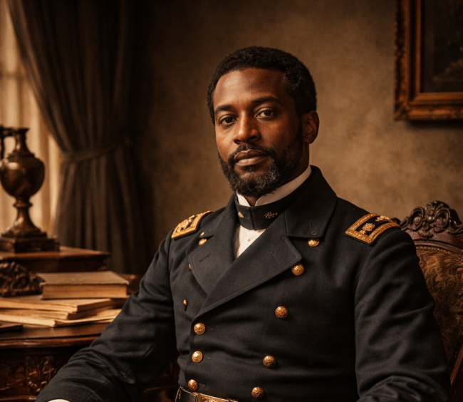 mid-nineteenth century formal attir A recreated portrait of Martin Delany in Union Army Major's uniform, seated at a desk with books and papers, conveying the intellectual authority and historic significance of Pittsburgh's first Black field officer and founding Black nationalist thinker.