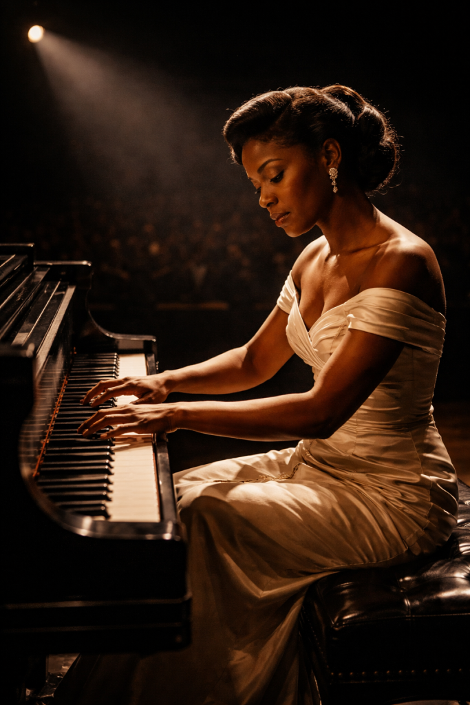 A Black female jazz pianist performs under a single spotlight on a concert stage, hands on the keys of a grand piano, capturing the mastery and artistic authority of Mary Lou Williams at the height of her career.