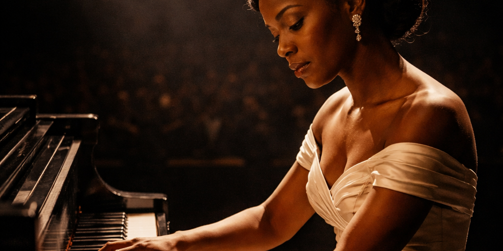 A Black female jazz pianist performs under a single spotlight on a concert stage, hands on the keys of a grand piano, capturing the mastery and artistic authority of Mary Lou Williams at the height of her career.