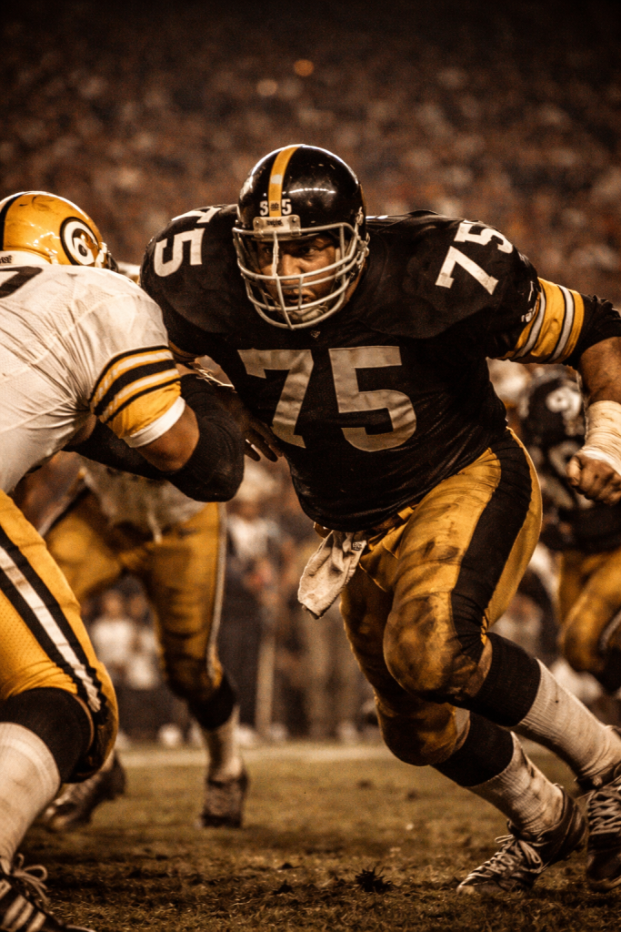 A Pittsburgh Steelers defensive lineman in the classic 1970s black and gold uniform breaks through an offensive line under stadium lights, capturing the intensity of the Steel Curtain defense.