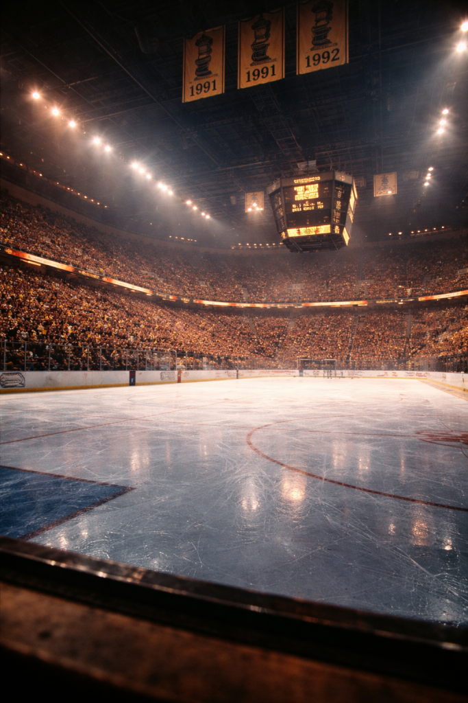 The interior of Pittsburgh's Civic Arena packed with hockey fans during a 1990s Pittsburgh Penguins game, with the ice lit bright white below championship banners hanging in the rafters above.