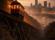 A vintage wooden cable car on the Duquesne Incline climbing the steep face of Mount Washington in Pittsburgh, with the city's downtown skyline and river visible in the background at dusk.