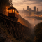 A vintage wooden cable car on the Duquesne Incline climbing the steep face of Mount Washington in Pittsburgh, with the city's downtown skyline and river visible in the background at dusk.