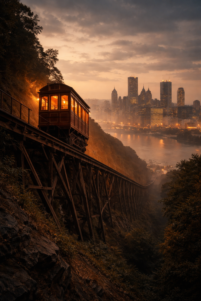 A vintage wooden cable car on the Duquesne Incline climbing the steep face of Mount Washington in Pittsburgh, with the city's downtown skyline and river visible in the background at dusk.