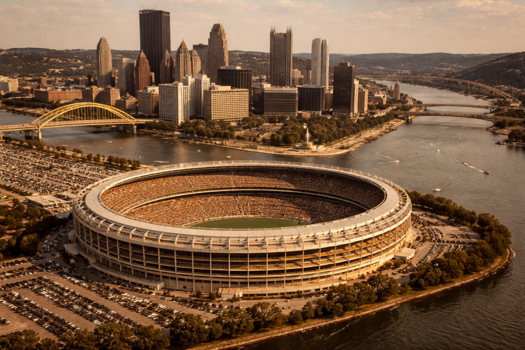 Aerial view of Three Rivers Stadium in Pittsburgh from across the Ohio River, the circular multipurpose stadium surrounded by the three rivers with the downtown skyline visible in the background.