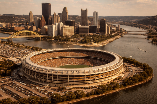 Aerial view of Three Rivers Stadium in Pittsburgh from across the Ohio River, the circular multipurpose stadium surrounded by the three rivers with the downtown skyline visible in the background.