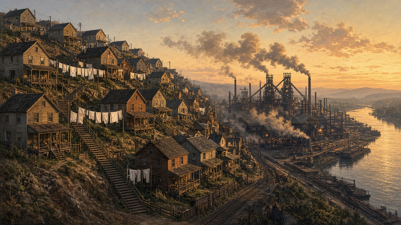 Illustration of company houses climbing a hillside above a steel mill on a river