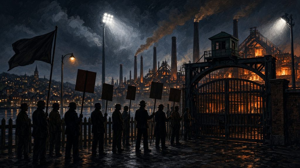 Illustration of steelworkers picketing at a mill gate at night in the 1930s