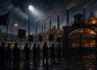 Illustration of steelworkers picketing at a mill gate at night in the 1930s
