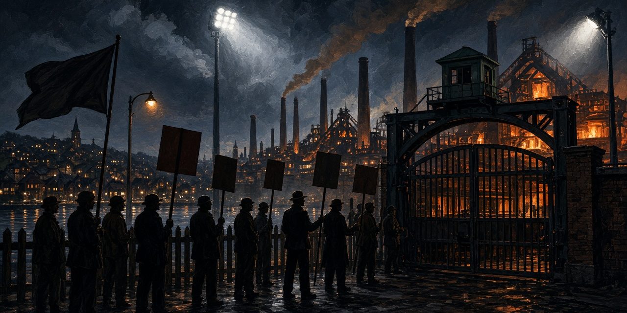 aliquippa-featured Illustration of steelworkers picketing at a mill gate at night in the 1930s