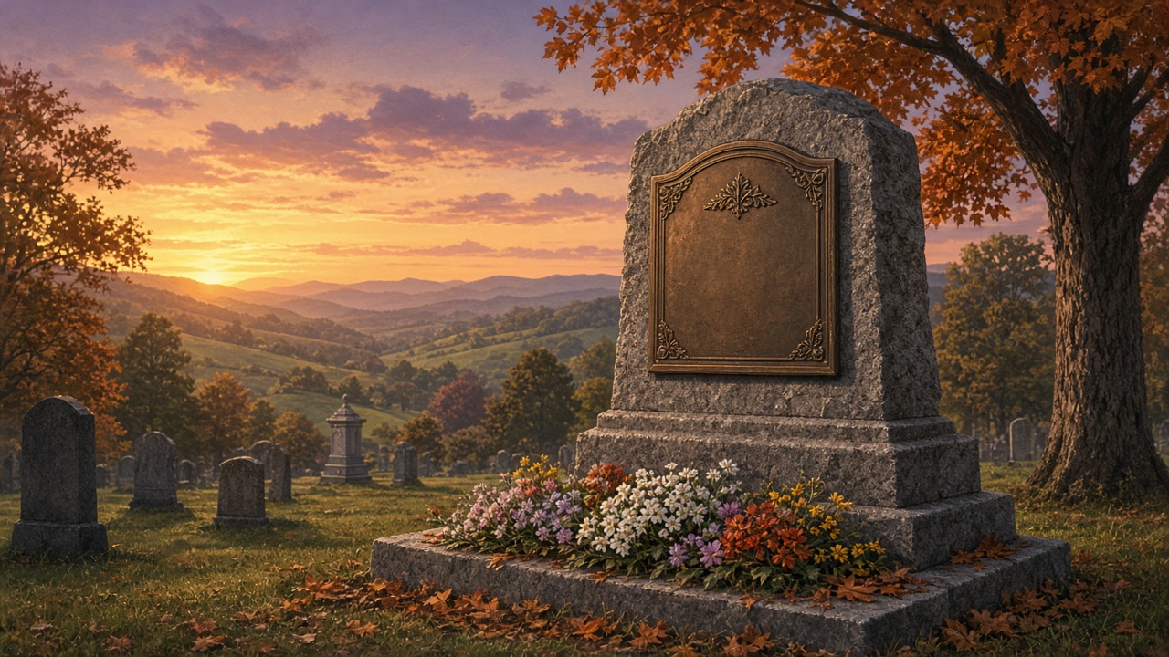 Illustration of a granite memorial with a bronze plaque in a cemetery at dusk