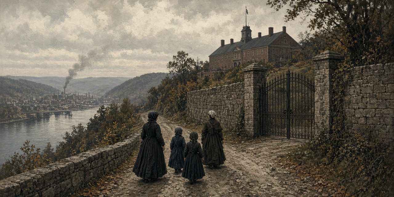 arsenal-featured Illustration of the Allegheny Arsenal gate and stony road in Lawrenceville in 1862, with women and girls walking home