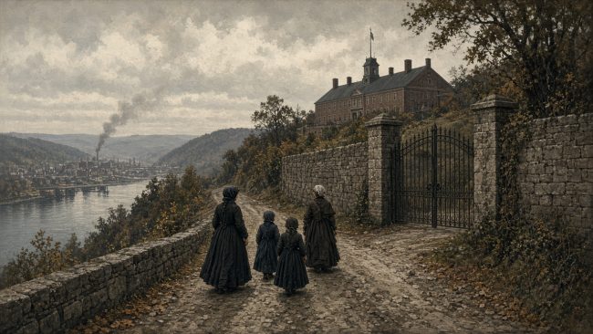 Illustration of the Allegheny Arsenal gate and stony road in Lawrenceville in 1862, with women and girls walking home