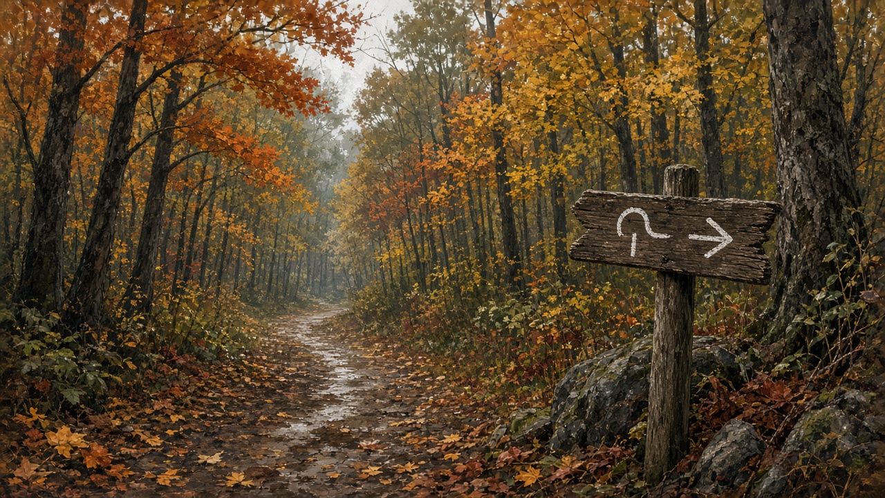 Illustration of a muddy autumn trail through the woods with a wooden trail marker