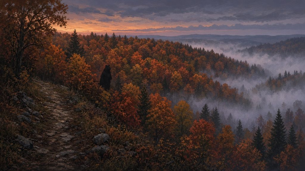 Illustration of an autumn ridge at dusk in the Laurel Highlands with a dark shape among the trees