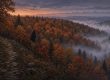 Illustration of an autumn ridge at dusk in the Laurel Highlands with a dark shape among the trees
