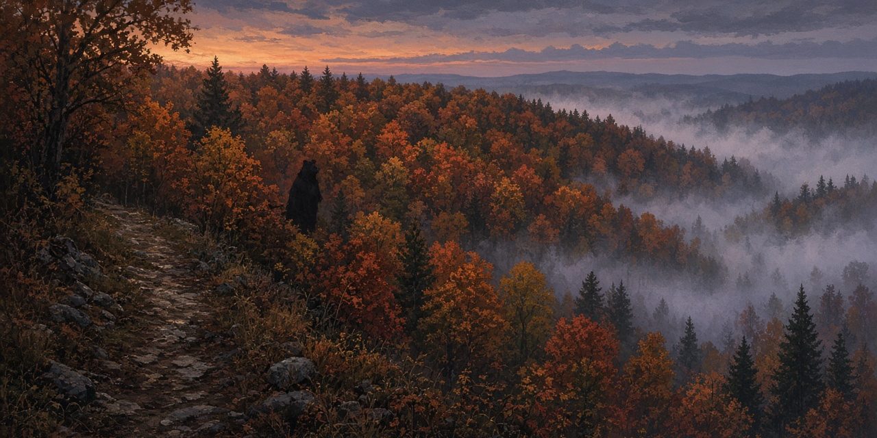 bigfoot-featured Illustration of an autumn ridge at dusk in the Laurel Highlands with a dark shape among the trees