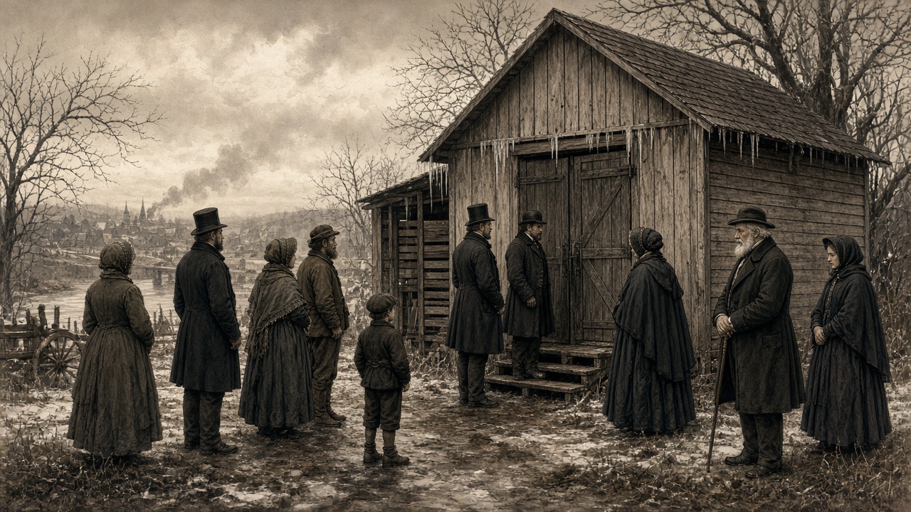 Illustration of townspeople gathered outside an icehouse in 1857