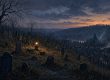 Illustration of an 1850s hillside graveyard at dusk above a small Pennsylvania town